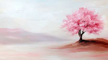 Pink tree on a serene landscape with soft pastel hues and gentle brushstrokes, AIの素材