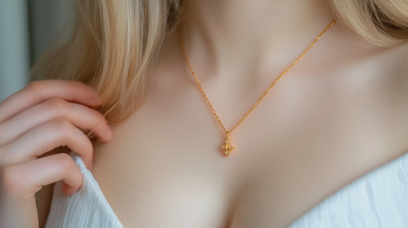 Elegant gold necklace on woman in white dress, AIの素材