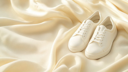 Sleek white sneakers rest on luxurious cream satin fabric, exuding elegance and style, AIの素材