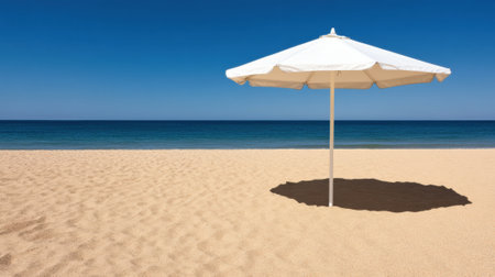 White umbrella casting a shadow on a serene sandy beach under a clear blue sky, AIの素材