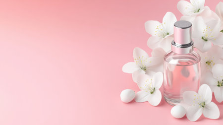 Perfume bottle surrounded by delicate white flowers on a soft pink background, AIの素材