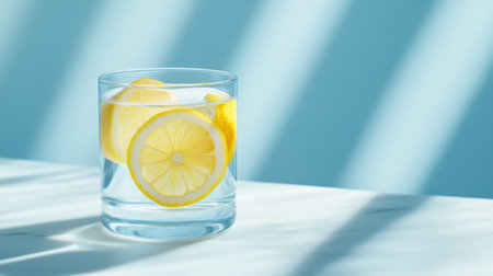 Refreshing lemon slices float in a glass of water, casting soft shadows, AIの素材
