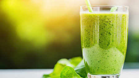 Green smoothie in a glass with a straw, set against a sunny, blurred background, AIの素材