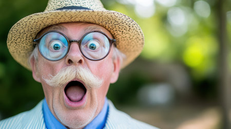 Elderly man with wide eyes and open mouth, wearing a straw hat and glasses, AIの素材