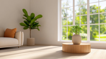 Sunlit living room with modern decor and greenery, AIの素材