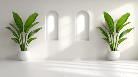 Two potted plants in a minimalist white room with arched wall niches, AIの素材