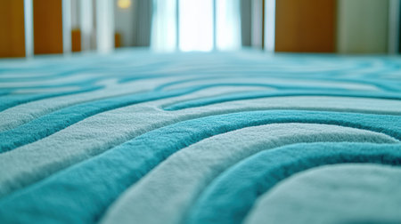 Blue and white carpet with wave patterns in a sunlit room, AIの素材