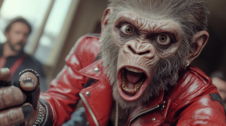Ape in a red leather jacket expressing intense emotion in a dynamic setting, AIの素材