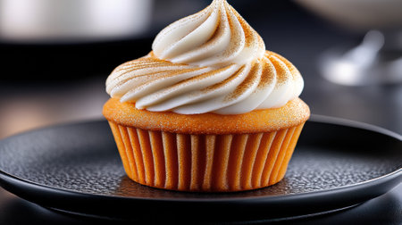 Vanilla cupcake with swirled frosting on a black plate, AIの素材