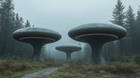 Futuristic structures resembling UFOs stand mysteriously in a foggy forest, AIの素材