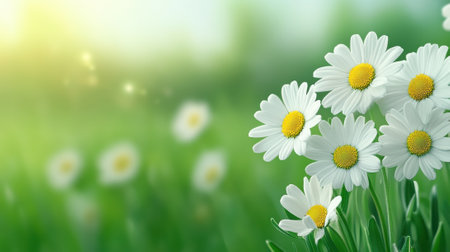 Daisies basking in the warm glow of a sunny meadow, AIの素材