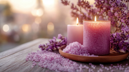 Lavender candles and bath salts create a serene spa-like atmosphere, AIの素材