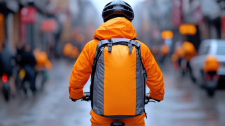 Cyclist in vibrant orange gear rides through a bustling city street on a rainy day, AIの素材