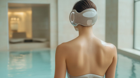 Woman wearing futuristic headphones by an indoor pool, embracing tranquility, AIの素材