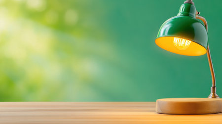 Green desk lamp illuminating a wooden surface against a blurred green background, AIの素材
