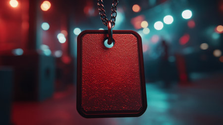 Dog tag pendant in a vibrant, blurred urban setting with colorful bokeh lights, AIの素材