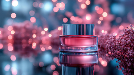Elegant perfume bottle surrounded by pink bokeh and flowers, creating a dreamy ambiance, AIの素材