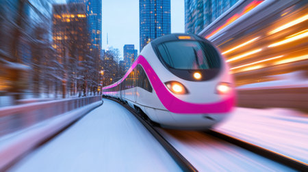 Sleek high-speed train glides through a snowy urban landscape at dusk, AIの素材