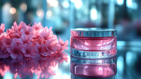 Elegant pink perfume bottle with cherry blossoms on a reflective surface, AIの素材