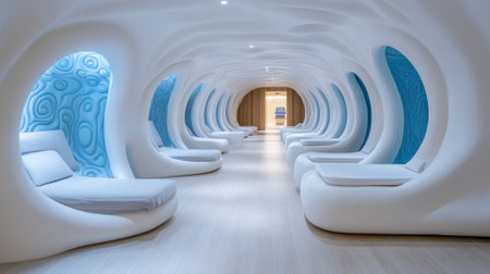 Futuristic lounge with sleek, white pod-like seating and ambient blue lighting, AIの素材