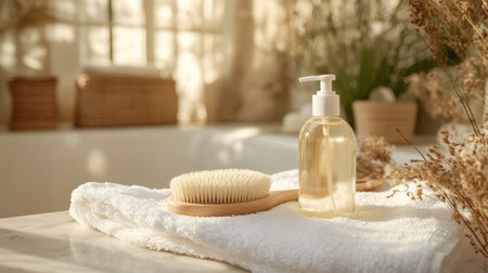 Elegant bathroom scene with natural light and spa essentials, AIの素材