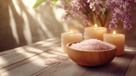 Warm candlelit spa setting with lilac flowers and pink bath salts in a wooden bowl, AIの素材