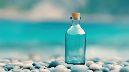 Glass bottle with cork stopper on a pebble beach by the sea, AIの素材