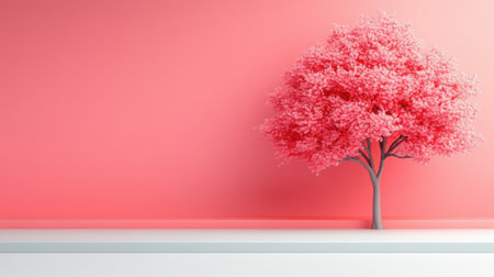 Pink tree against a pastel background creates a serene and minimalist scene, AIの素材