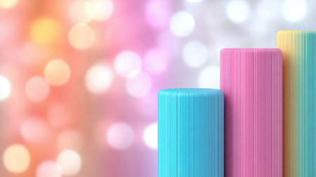 Colorful cylindrical bars against a vibrant bokeh background create a playful scene, AIの素材