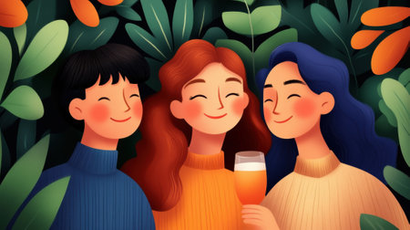 Three friends enjoying a drink together in a lush, leafy setting, AIの素材