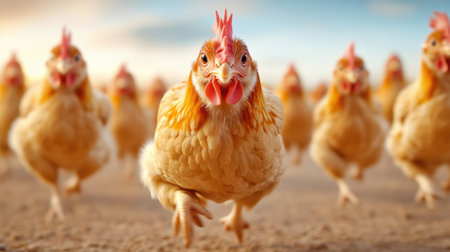 Chickens running energetically towards the camera in a farm setting, AIの素材