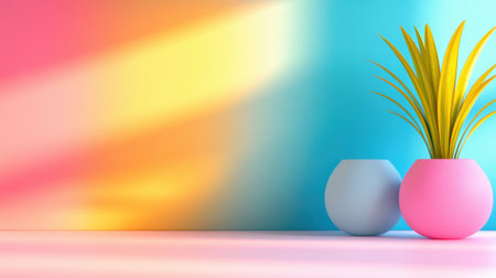 Vibrant vases against a colorful gradient backdrop create a lively atmosphere, AIの素材
