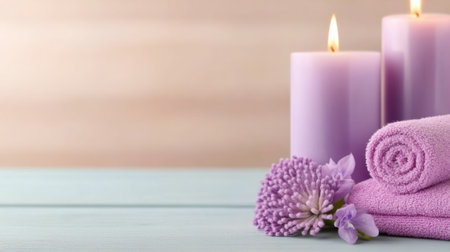 Lavender candles and towels create a serene spa atmosphere, AIの素材