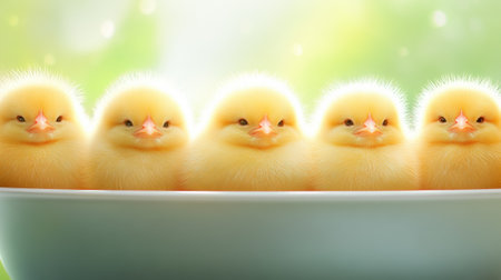 Fluffy yellow chicks lined up in a bowl, basking in soft, warm light, AIの素材