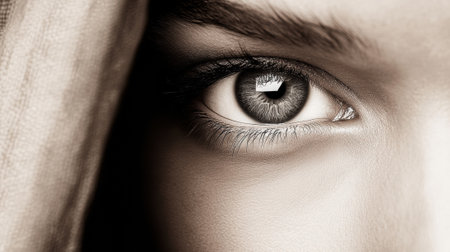Close-up of a persons eye with intense gaze and detailed texture, AIの素材