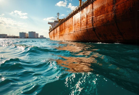 A large cargo ship with a rust-colored hull floats on vibrant blue water, reflecting sunlight. In the distance, modern city buildings rise against a partly cloudy sky, creating a dynamic maritime sceneの素材