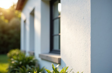 The image shows a white building's exterior wall with a window, surrounded by lush green plants, illuminated by warm sunlight, creating a peaceful outdoor scene suitable for architecture or home improvement contextsの素材