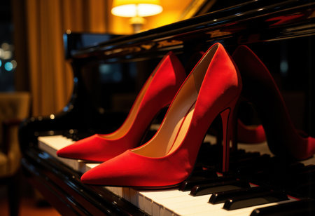 A pair of striking red high heels elegantly positioned on the keys of a grand piano, creating a luxurious and stylish atmosphere. The warm lighting enhances the sophisticated ambiance, perfect for fashion and lifestyle themesの素材