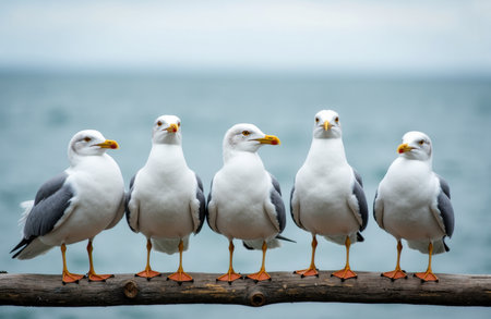 Six seagulls perched on a weathered wooden log along the shoreline, facing different directions with ocean and cloudy sky in the background, creating a peaceful coastal sceneの素材