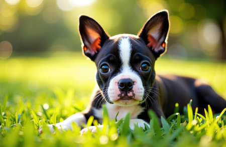 A cute Boston terrier puppy with expressive eyes and large ears rests on lush green grass in a sunny outdoor setting, showcasing playful innocence and curiosity in a natural environmentの素材