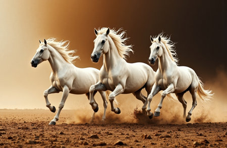 A group of three white horses galloping across a dry, open terrain with dust clouds rising beneath their hooves and a soft, glowing sky overhead, capturing a sense of freedom and energyの素材