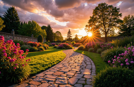 A vibrant garden scene during sunset featuring blooming flowers, green grass, tall trees, and a curved stone walkway illuminated by warm sunlight and dramatic clouds in the skyの素材