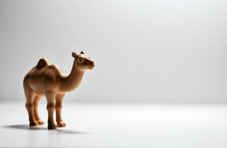 A small camel figurine made of plastic or ceramic is positioned on a smooth surface against a neutral, minimalist backdrop, emphasizing simplicity and clean design suitable for decorative or conceptual useの素材
