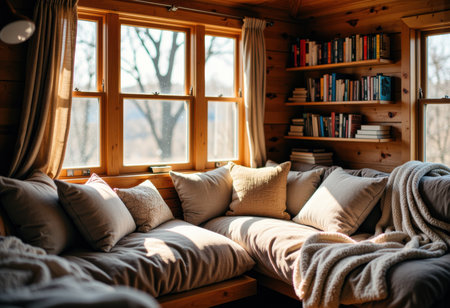 A warm, inviting cabin living room features wooden walls, large windows allowing natural light, and a comfortable sofa with multiple cushions and a blanket, creating a perfect relaxing spaceの素材