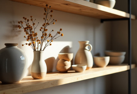 A collection of ceramic vases and bowls displayed on a wooden shelf, illuminated by soft sunlight. The arrangement highlights minimalist decor and natural textures, perfect for interior design or home stylingの素材