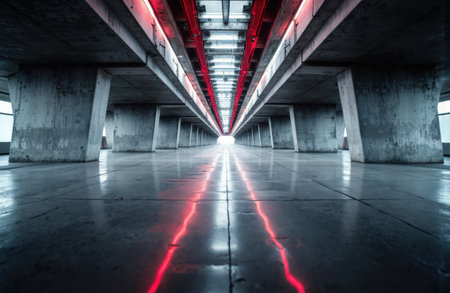 A modern underground structure featuring concrete pillars and a reflective floor, illuminated by red neon lighting that emphasizes depth and symmetry in an urban environmentの素材