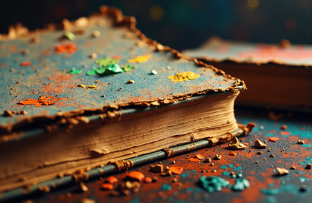 An old, worn book with frayed edges and yellowed pages lies on a dark surface, surrounded by vibrant confetti and scattered debris, creating a nostalgic and festive atmosphereの素材