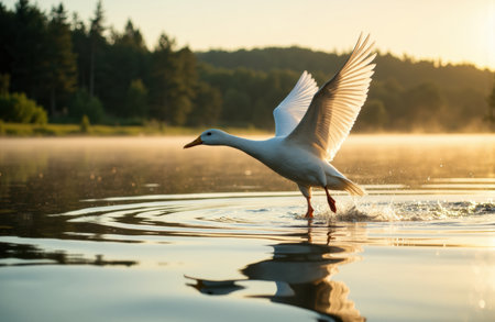 A serene scene featuring a swan with outstretched wings walking on a tranquil lake during early morning hours, with mist rising from the water and a background of trees and soft sunlight creating a peaceful atmosphereの素材