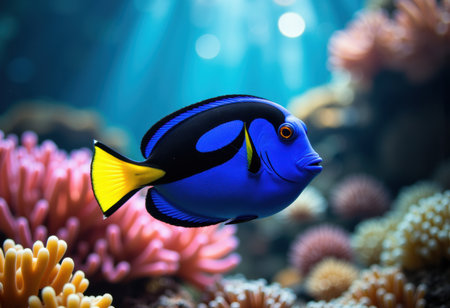 A vivid blue and yellow tropical fish glides through a lively coral reef filled with pink, orange, and purple corals. The clear water and bright lighting highlight the rich marine biodiversity and vibrant colorsの素材