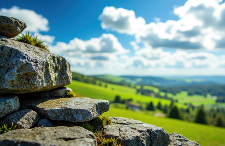 Stacked stones on hill with foreground texture and soft focus background of rolling green fields and distant woods, offering bright sky and blurred areas with ample space for text or design elements for editorial useの素材